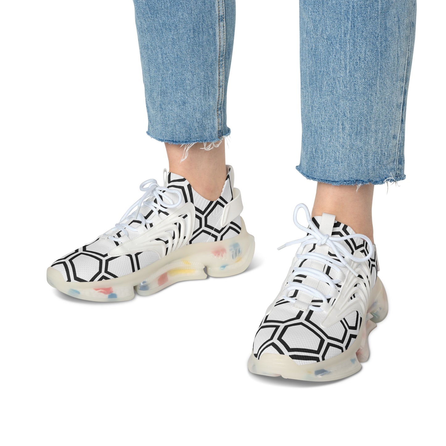 Damen Sneaker Schwarz Weiß Hexa Design Atmungsaktiv Mesh