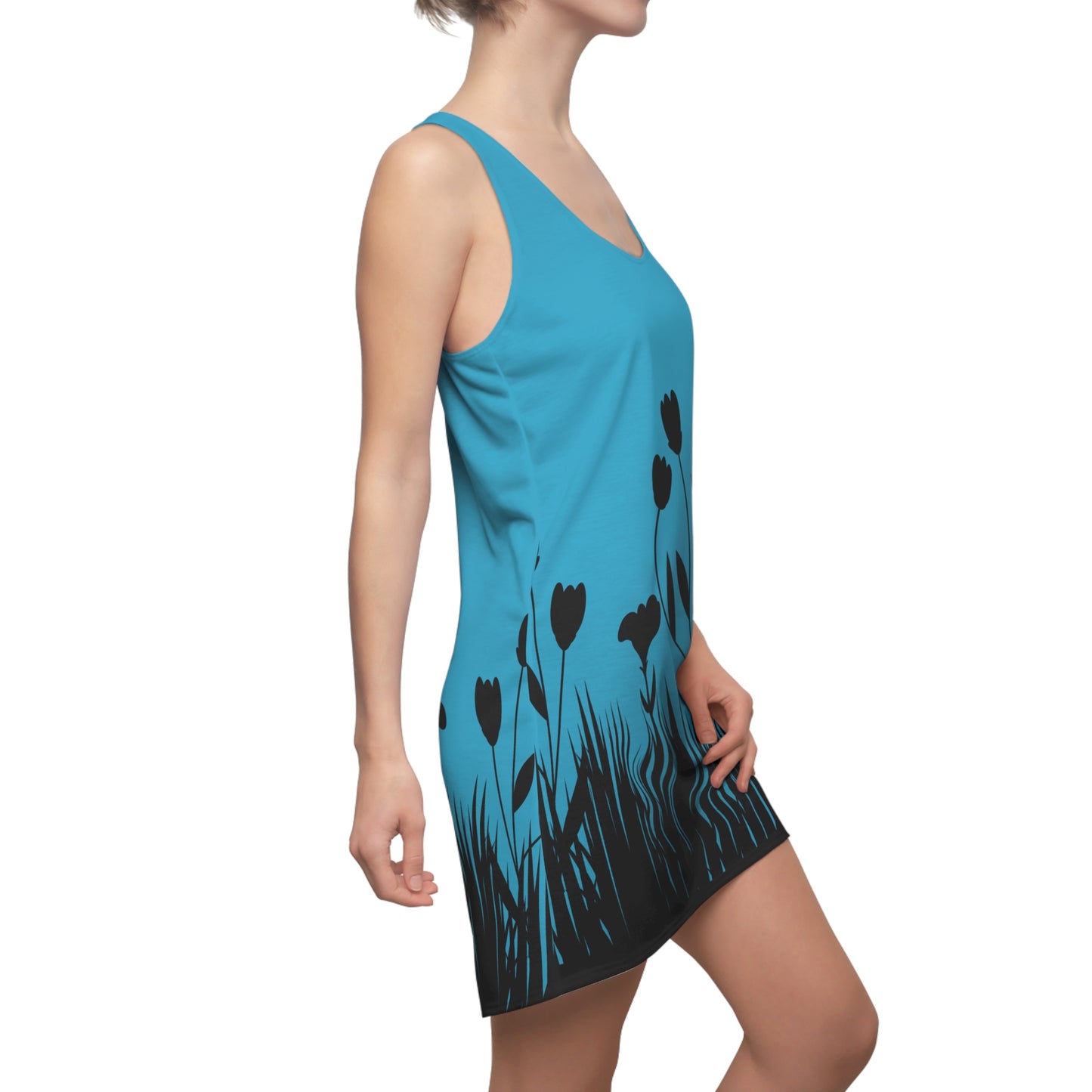 Blumensilhouette Racerback Kleid – Elegant Schwarz Türkis