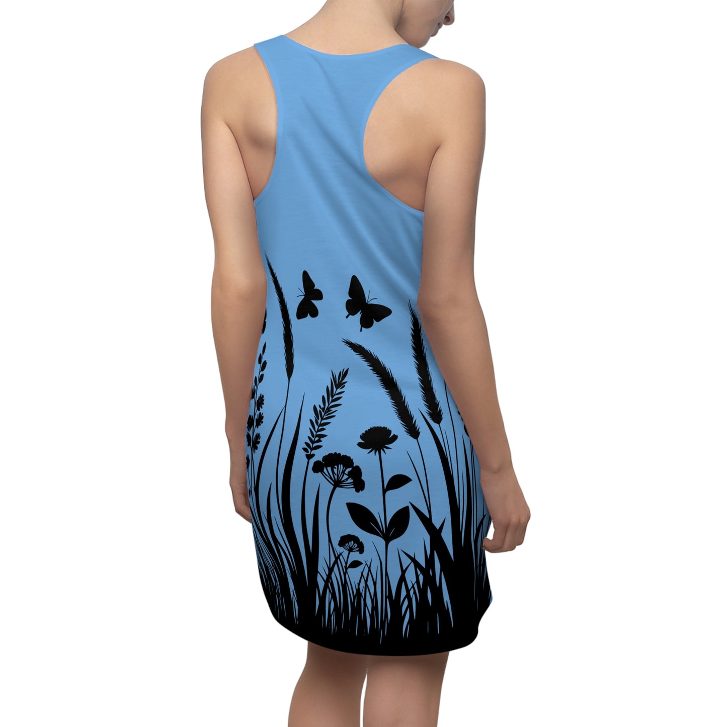 Hellblaues Naturmuster Racerback Kleid – Schmetterling & Blumen Design