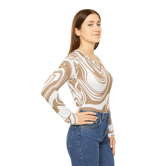 Damen Langarm V-Neck Shirt – Modernes Swirl-Design in Beige & Weiß, Stylisch & Bequem Chic Abstract Long Sleeve V-Neck Shirt, Stylish Top, Trendy Apparel, Women's Fashion, Everyday Wear, Casual Outfit, Gift for Her