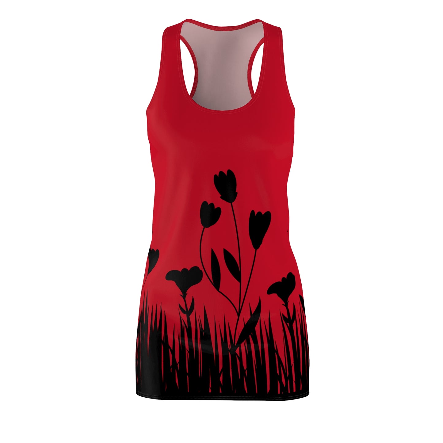 Blumensilhouette Racerback Kleid – Elegant Schwarz Dunkelrot