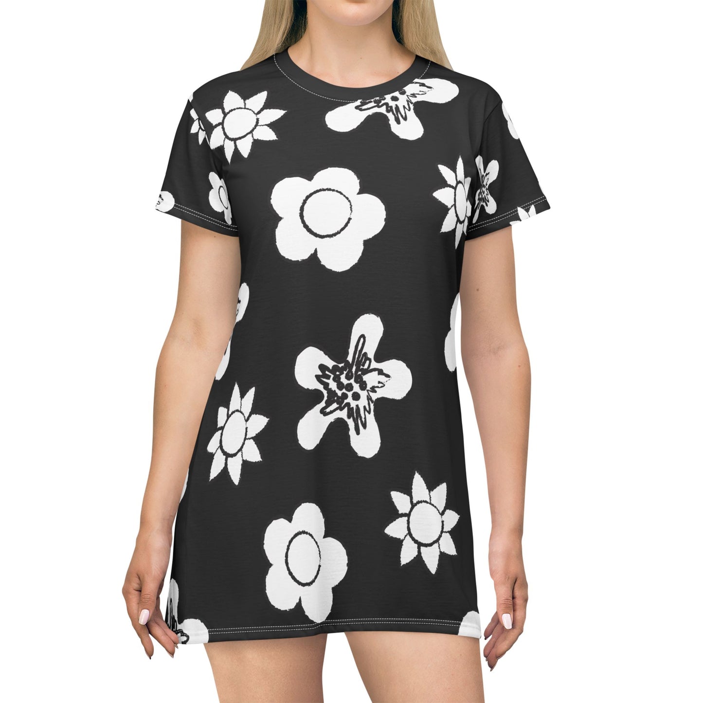 Schwarzes Damen Kleid Floral T-Shirt Sommer Boho Casual Premium
