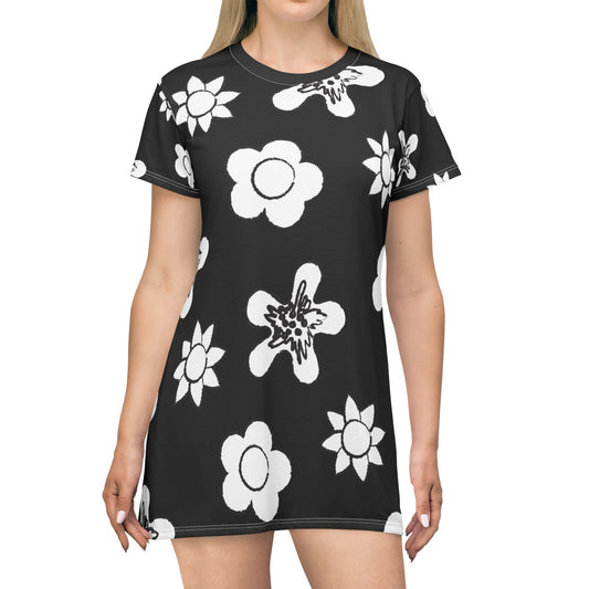 Schwarzes Damen Kleid Floral T-Shirt Sommer Boho Casual Premium