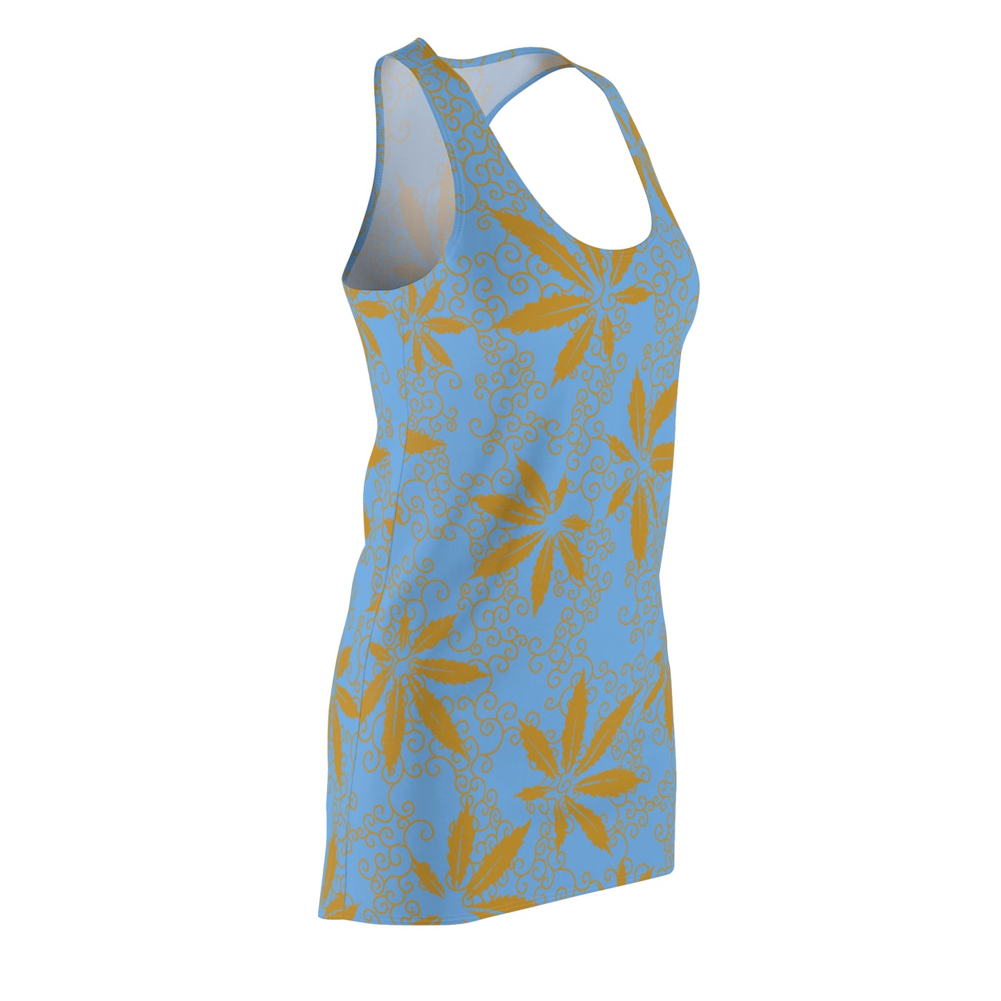Cannabis Racerback Kleid Damen – blau Gold Sommerkleid mit Hanfblättern