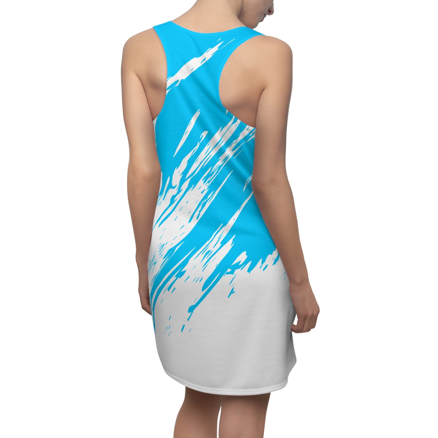 Weiss-Türkis Racerback Kleid mit abstraktem Pinselprint
