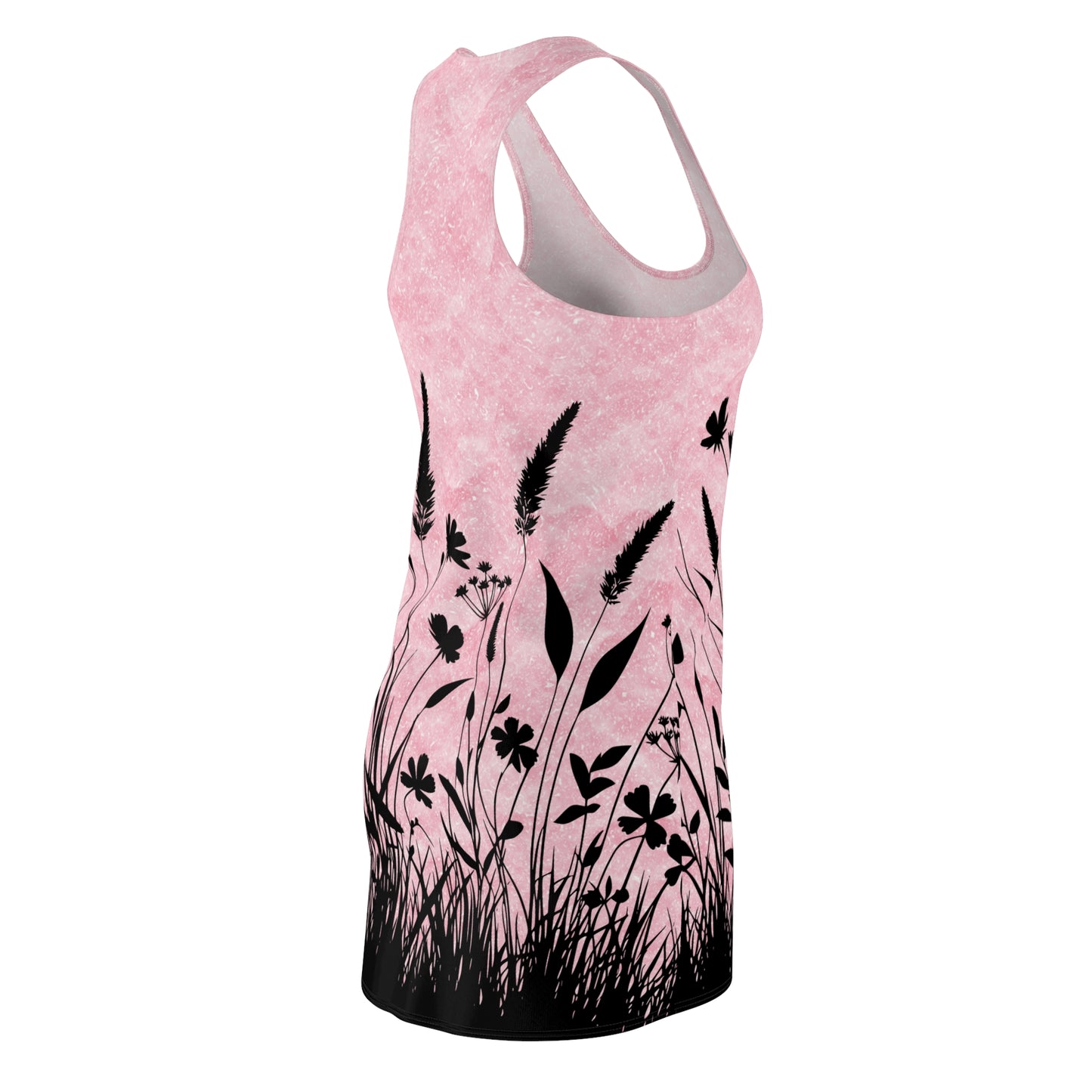 Racerback Kleid Damen – Rosa Sommerkleid mit Blumen und Gräsern
