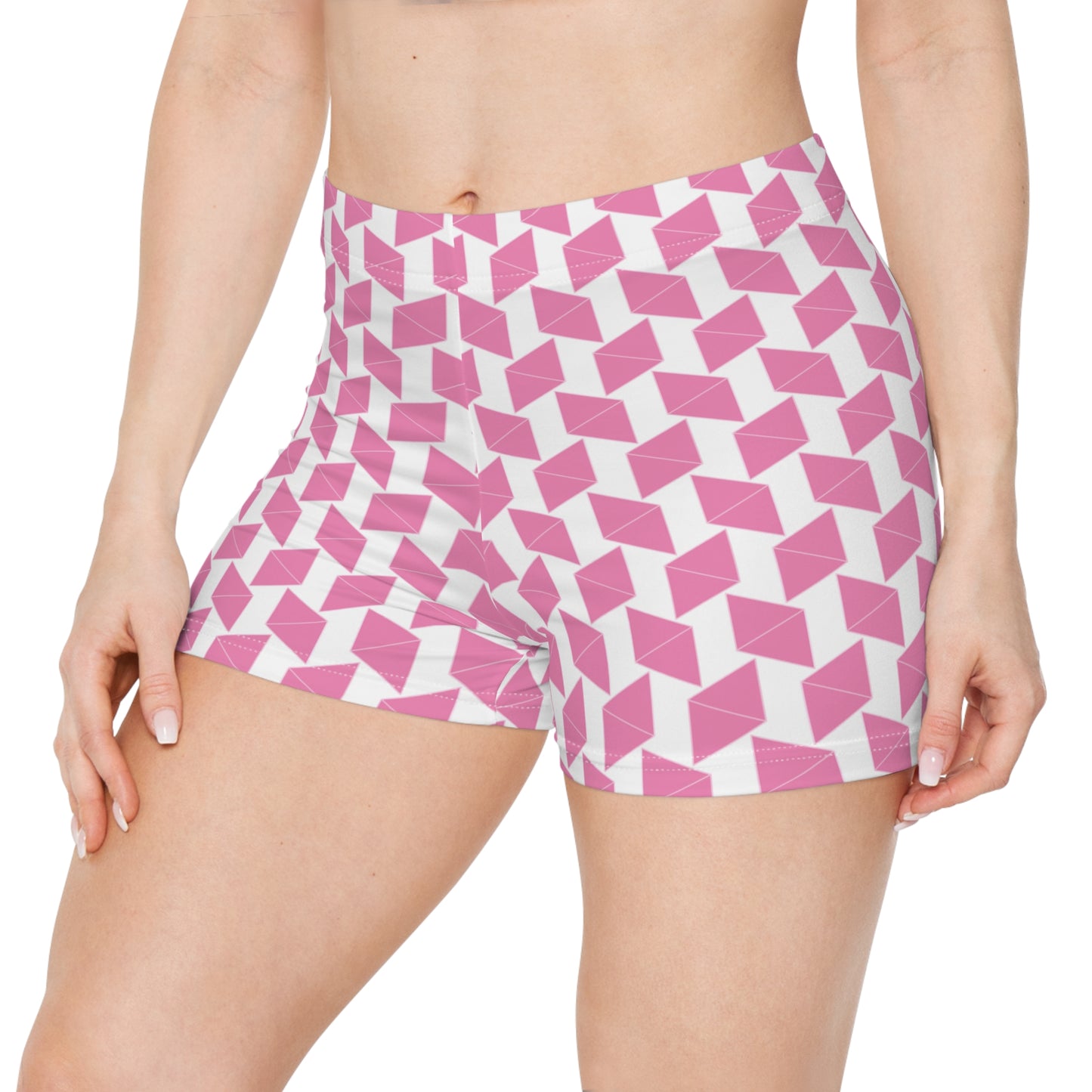 Women’s Shorts Pink Geometric Cube Pattern, Summer Casual