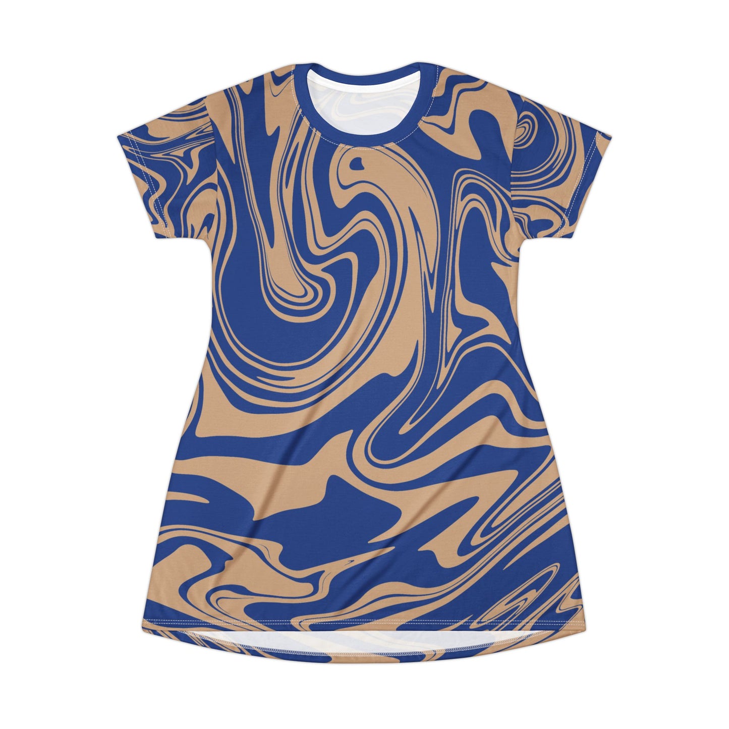 Blaues Damen Kleid Marmor Print T-Shirt Sommer Casual Elegant