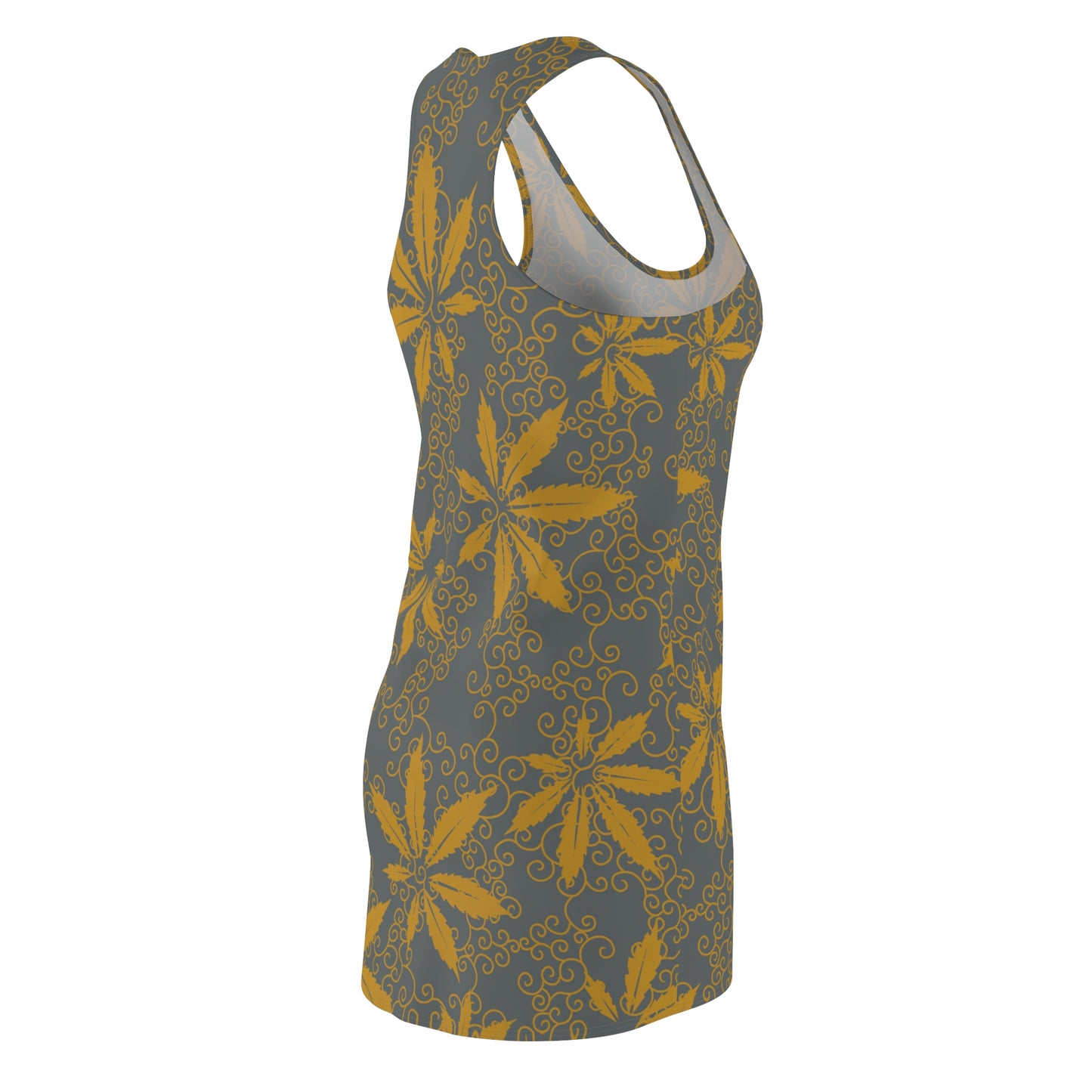 Cannabis Racerback Kleid Damen – Grau Gold Sommerkleid mit Hanfblättern