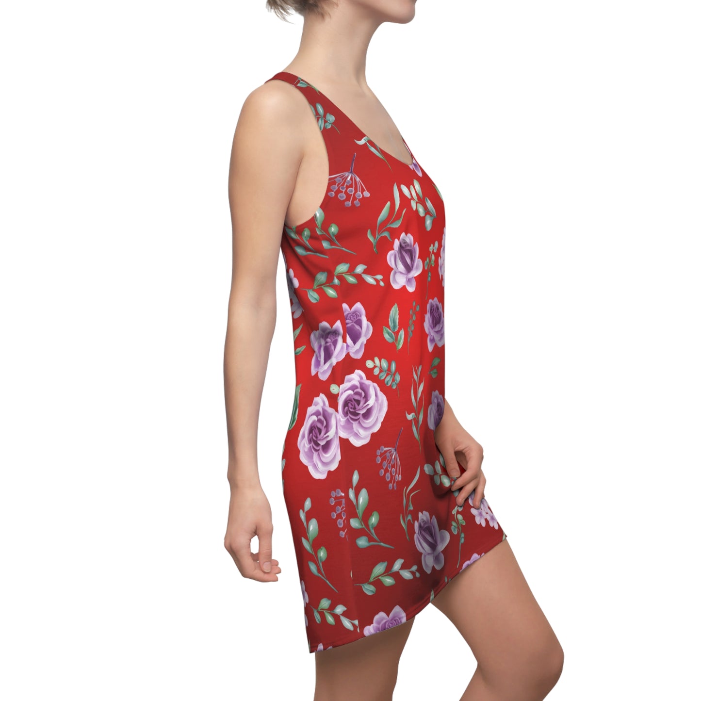 Rotes Blumenkleid Damen Racerback – Sommerkleid, Freizeitkleid, Strandkleid, Urlaubskleid, ärmellos, Casual Dress, florales Muster, Mode