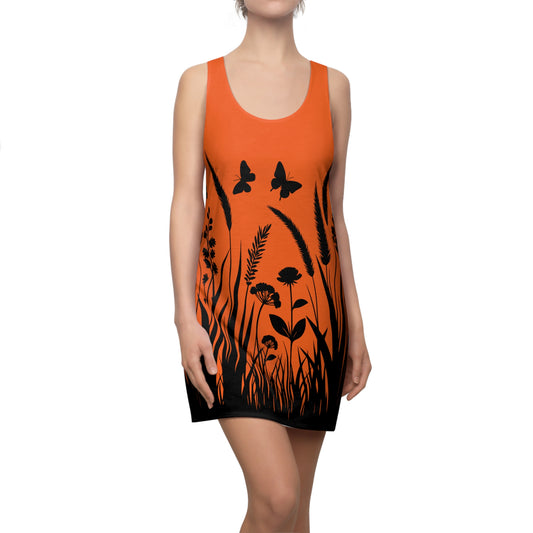 Oranges Naturmuster Racerback Kleid – Schmetterling & Blumen Design