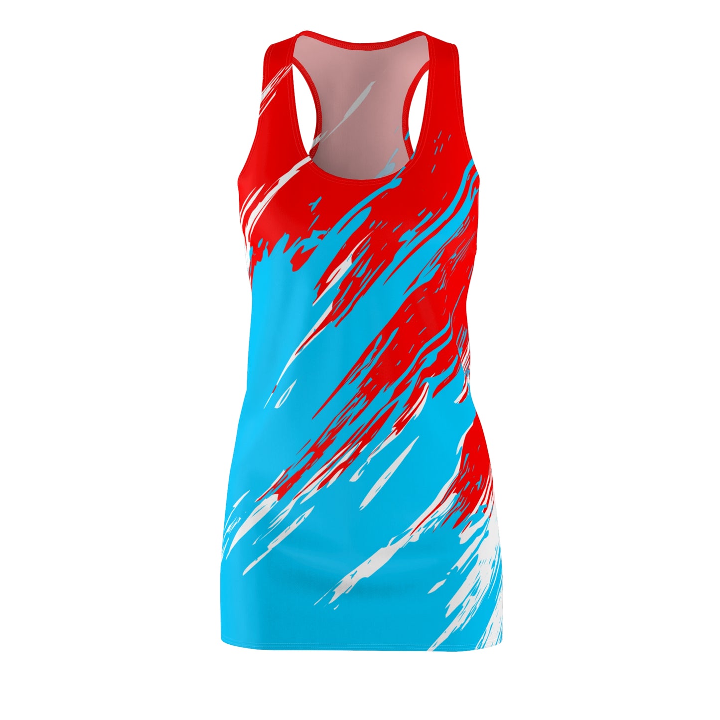 Türkises Racerback Kleid mit rot-weißem Abstract-Print