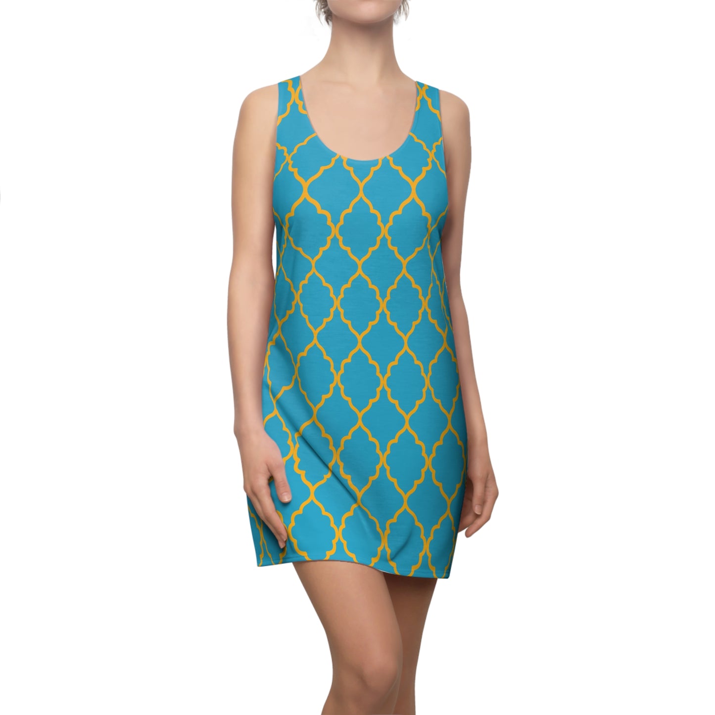Türkises Racerback Kleid mit goldenem Ornamentmuster