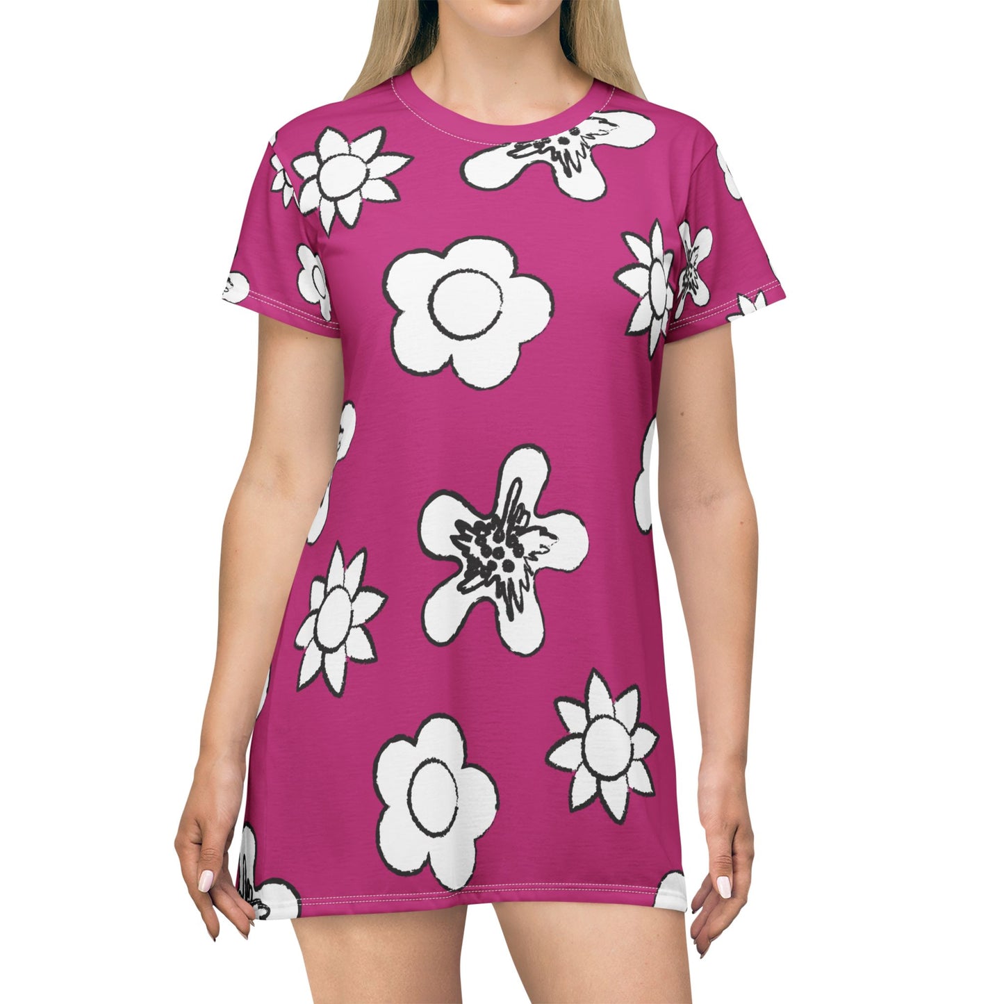 Pinkes Damen Kleid Floral T-Shirt Sommer Boho Casual Premium
