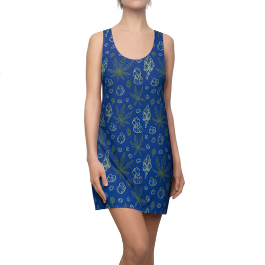 Damen Racerback Kleid blau mit Cannabis Blättern – Sommerkleid