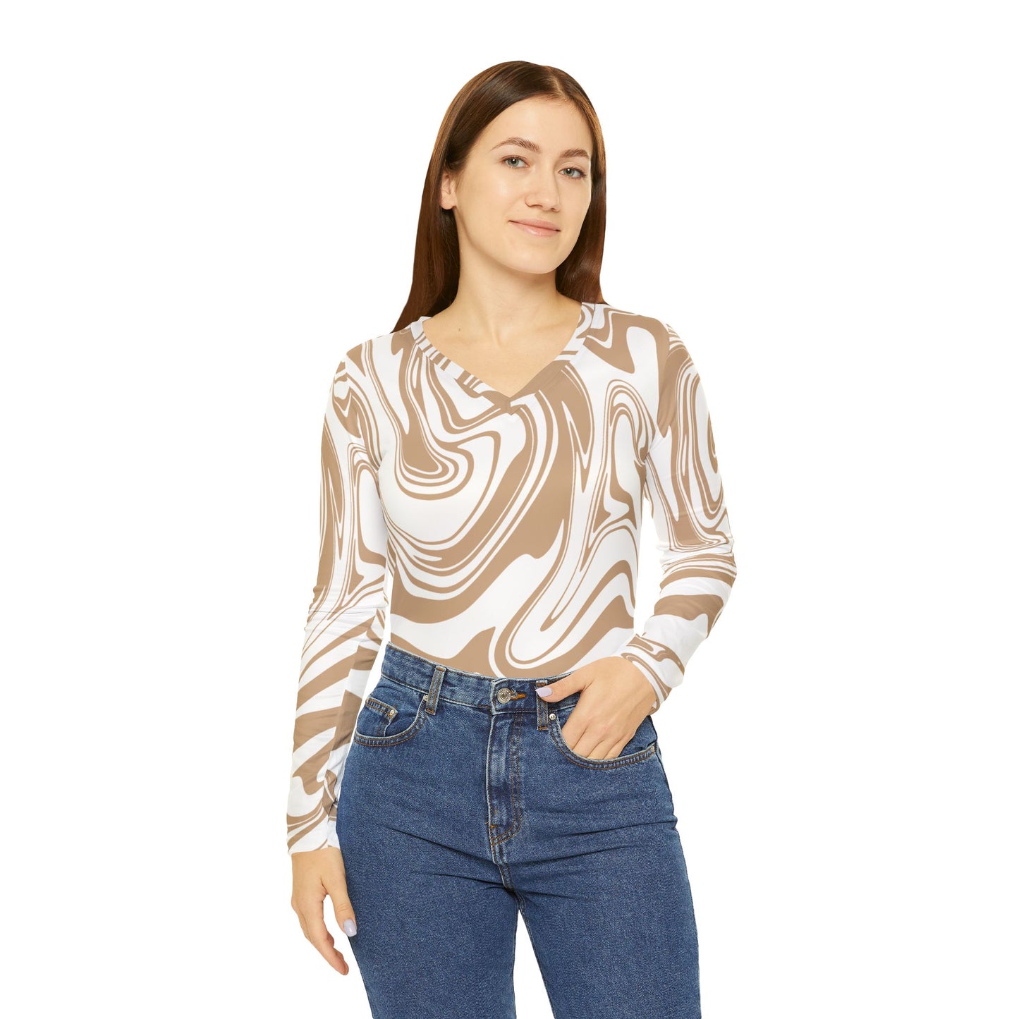 Damen Langarm V-Neck Shirt – Modernes Swirl-Design in Beige & Weiß, Stylisch & Bequem Chic Abstract Long Sleeve V-Neck Shirt, Stylish Top, Trendy Apparel, Women's Fashion, Everyday Wear, Casual Outfit, Gift for Her