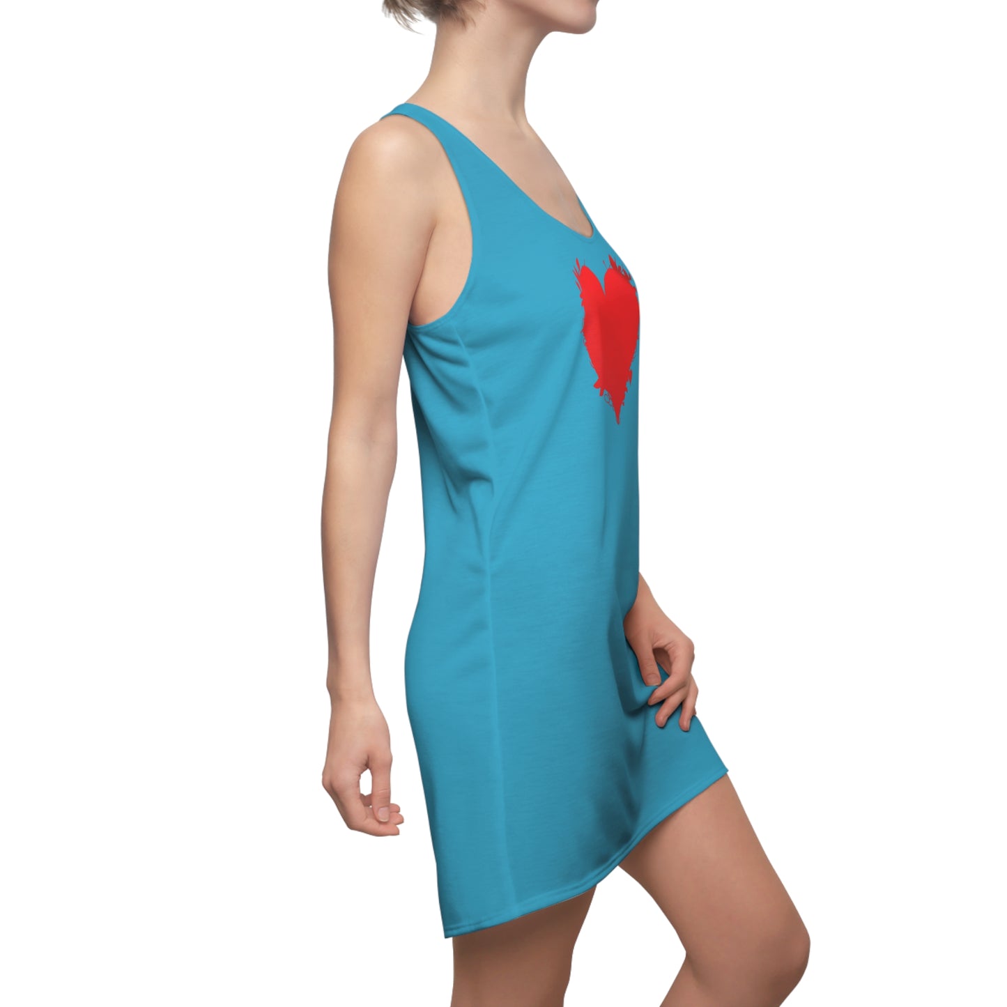 Türkises Racerback Kleid mit rotem Herzmotiv – Minimal Design