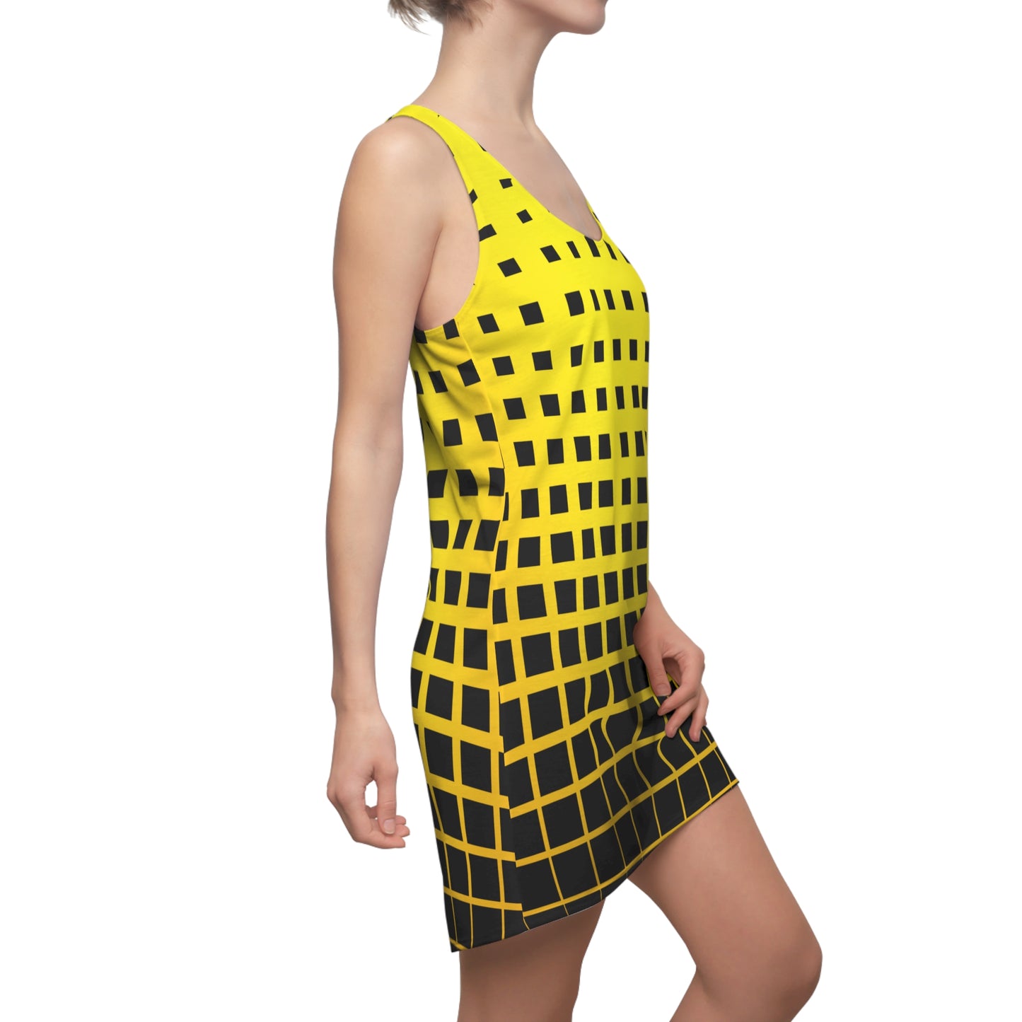 Racerback Damenkleid Sommer – Gelb-Schwarzes Grafikmuster, modern & klar