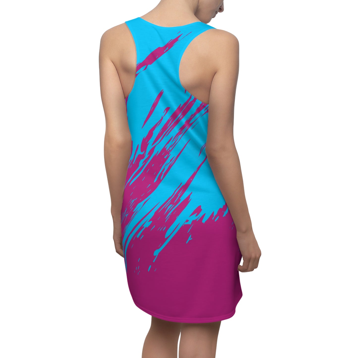 Türkis-Pinkes Racerback Kleid mit abstraktem Pinselprint