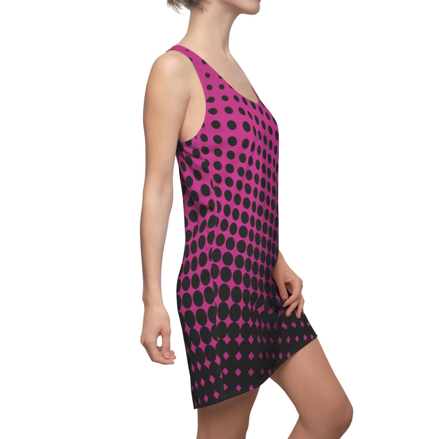 Black and Pink Polka Dot Racerback – Retro Sleeveless Mini Dress