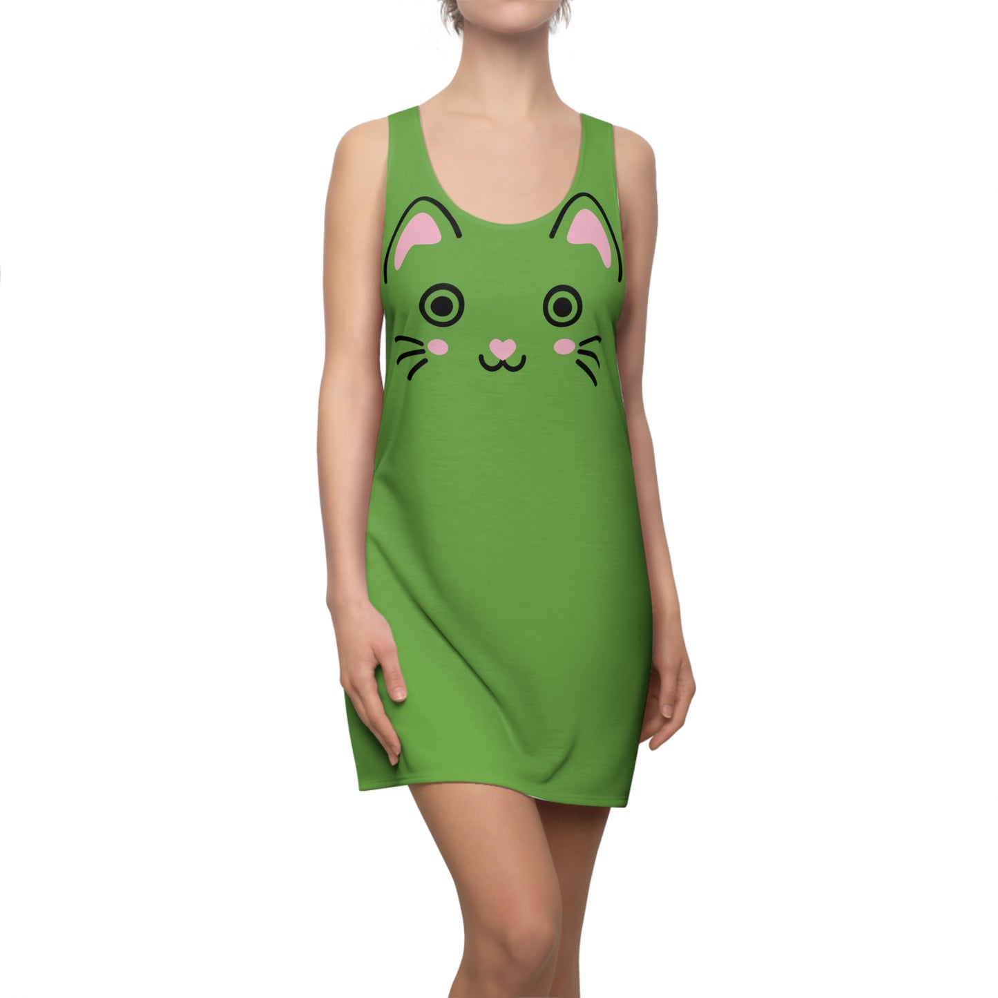Grünes Racerback Kleid mit Kawaii Katzenface Design
