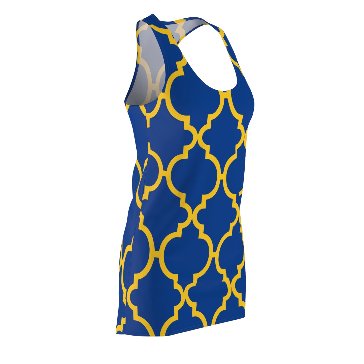 Blaues Racerback Kleid mit gelbem Ornamentmuster