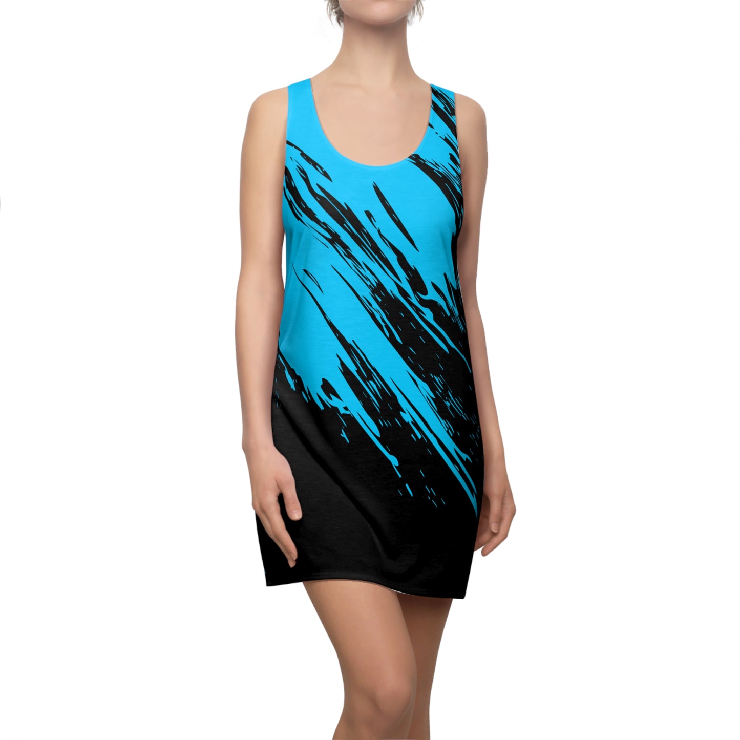 Türkis-Schwarzes Racerback Kleid mit abstraktem Pinselprint