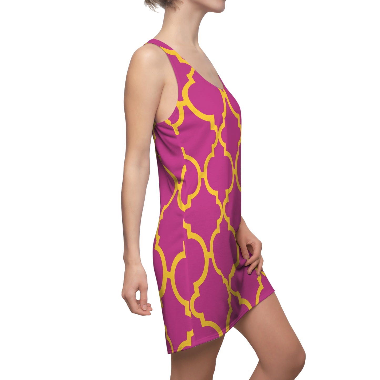 Pinkes Racerback Kleid mit gelbem Ornamentmuster