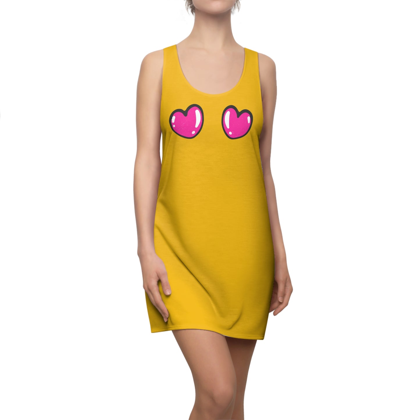 Gelbes Racerback Kleid mit pinken Comic Herzen