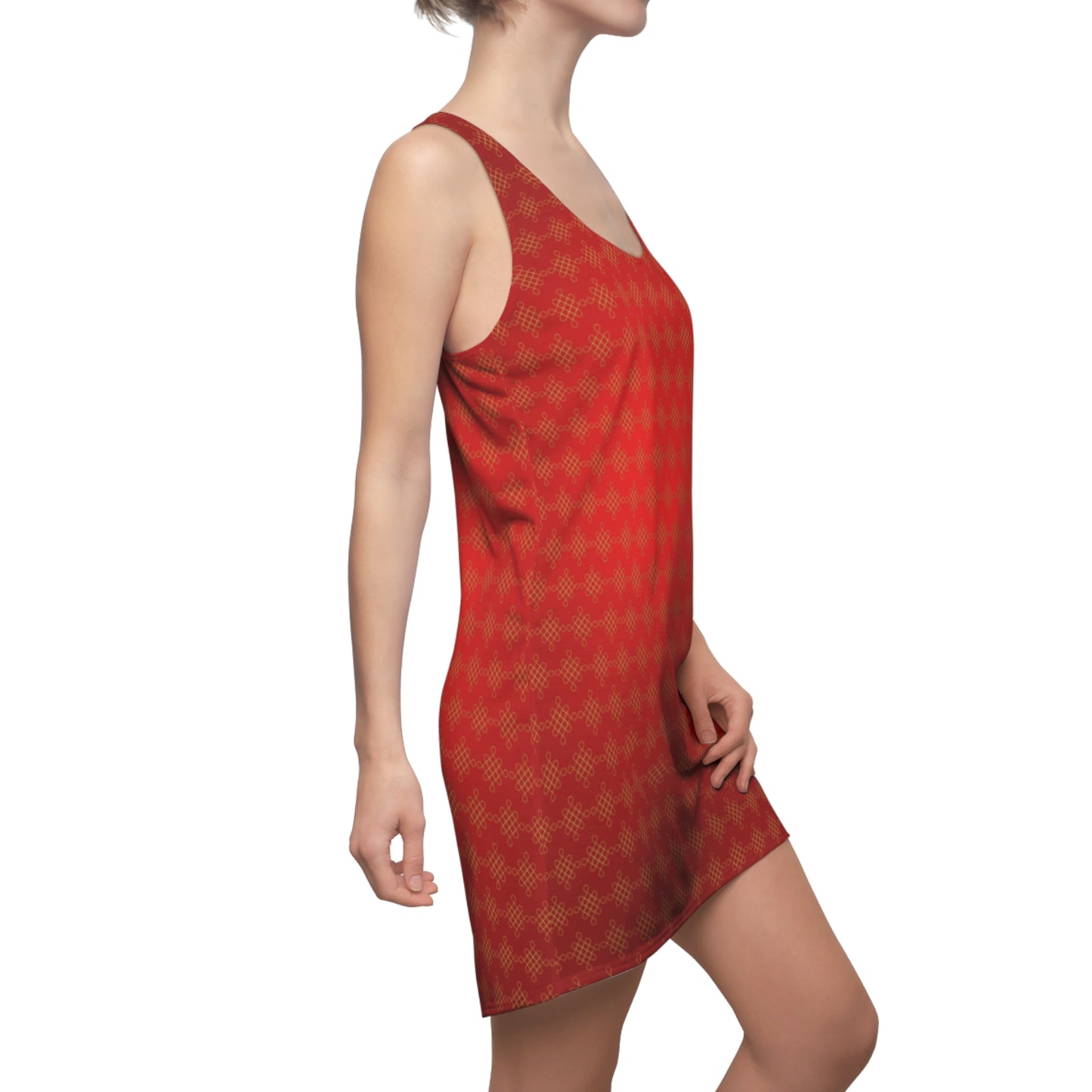 Rotes Damen Sommerkleid mit Farbverlauf und goldenem Muster