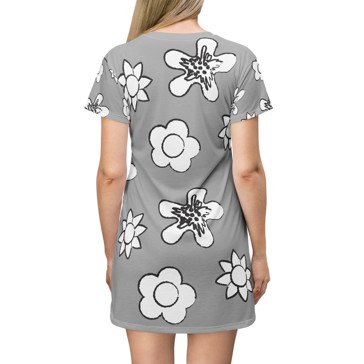 Graues Damen Kleid Floral T-Shirt Sommer Boho Casual Premium