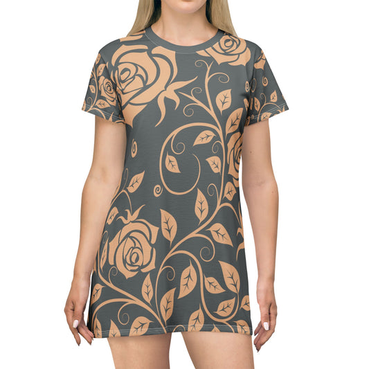 Dunkelgrauer Damen Kleid Blumen T Shirt Style Sommer Boho Casual