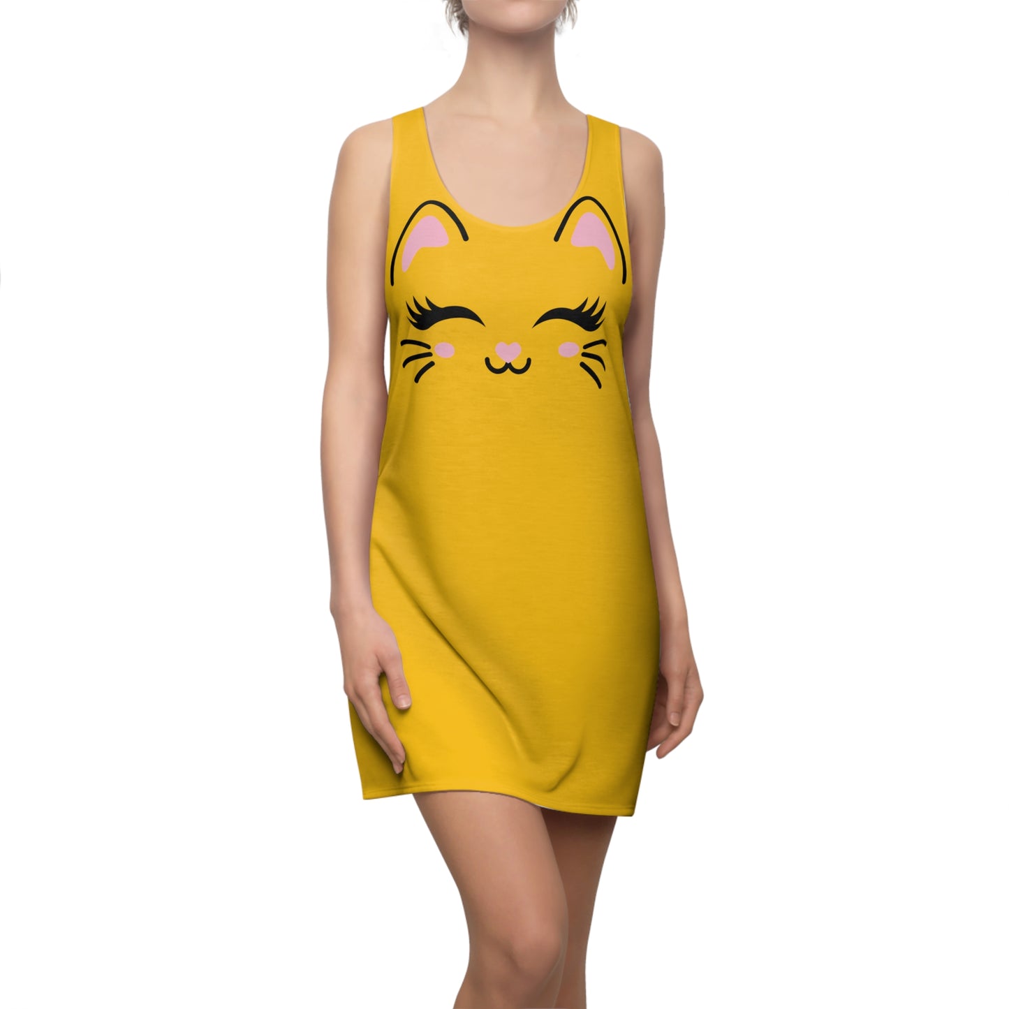 Racerback Kleid mit Cute Katzenmotiv in Gelb