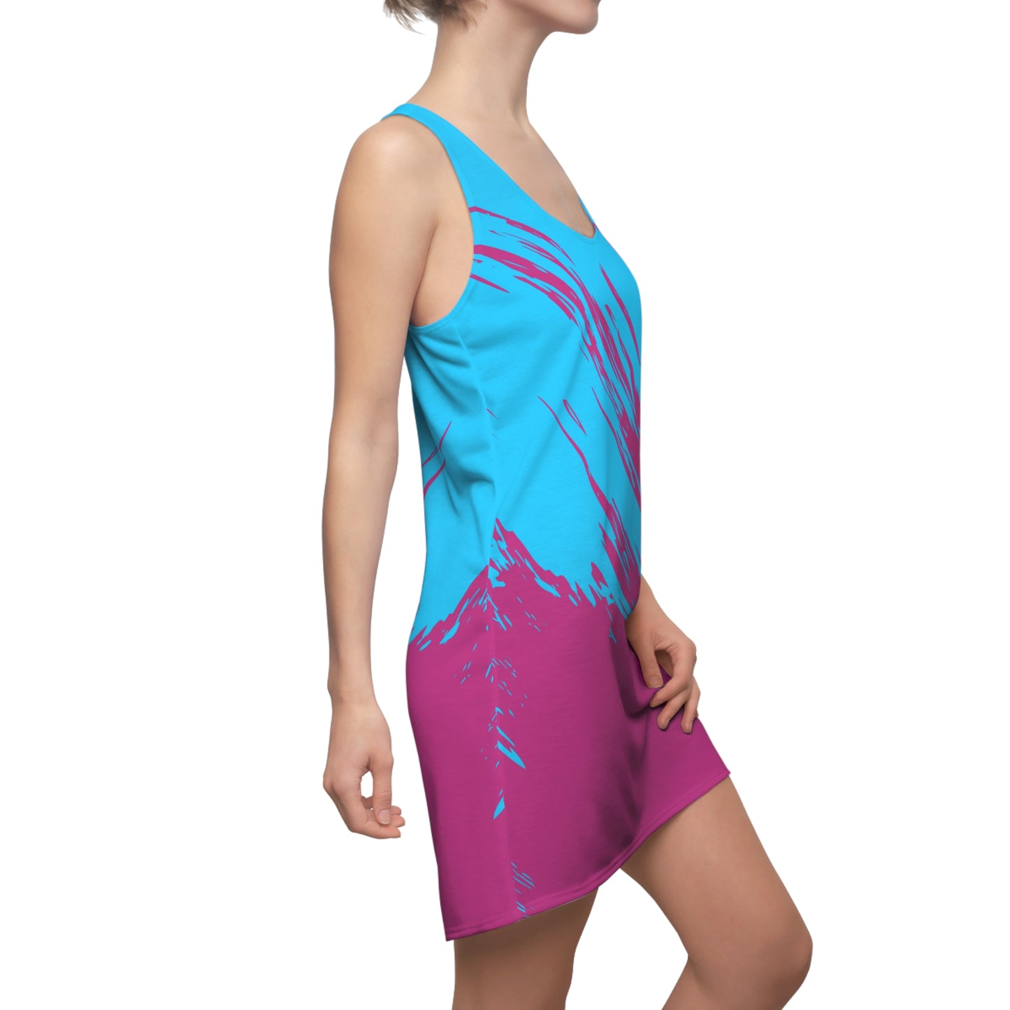 Türkis-Pinkes Racerback Kleid mit abstraktem Pinselprint