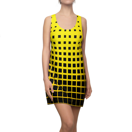 Racerback Damenkleid Sommer – Gelb-Schwarzes Grafikmuster, modern & klar