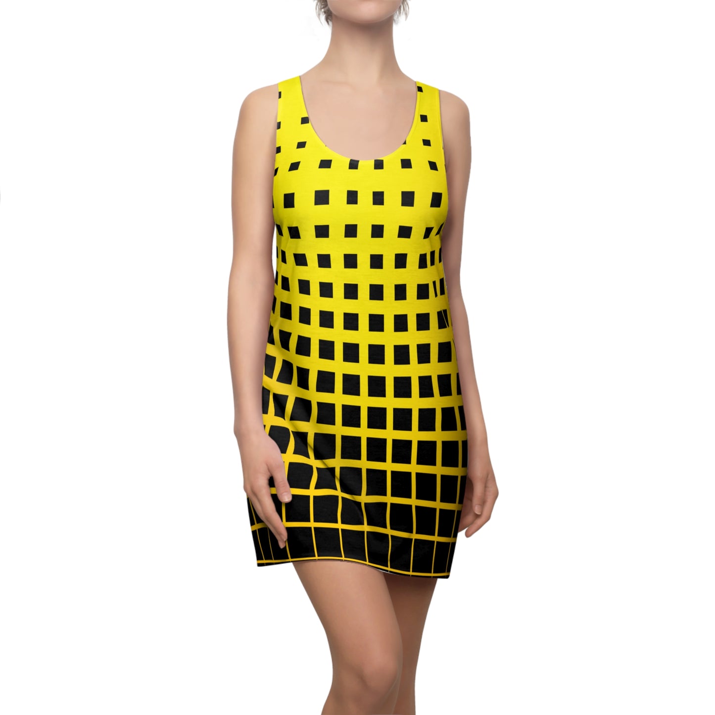 Racerback Damenkleid Sommer – Gelb-Schwarzes Grafikmuster, modern & klar