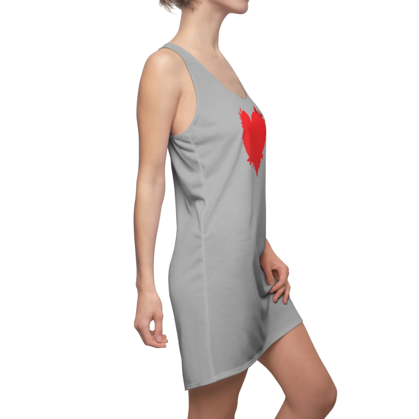 Graues Racerback Kleid mit rotem Herzmotiv – Minimal Design