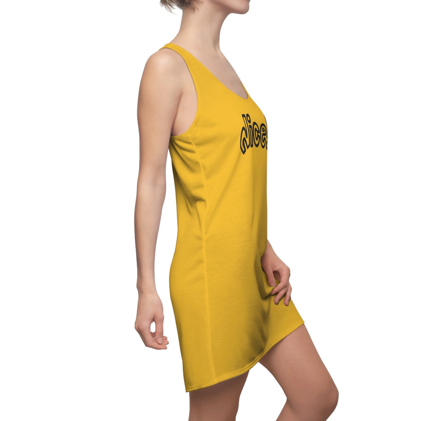 Racerback Damenkleid Sommer – „Nice!“ Statement, modern & lässig gelb