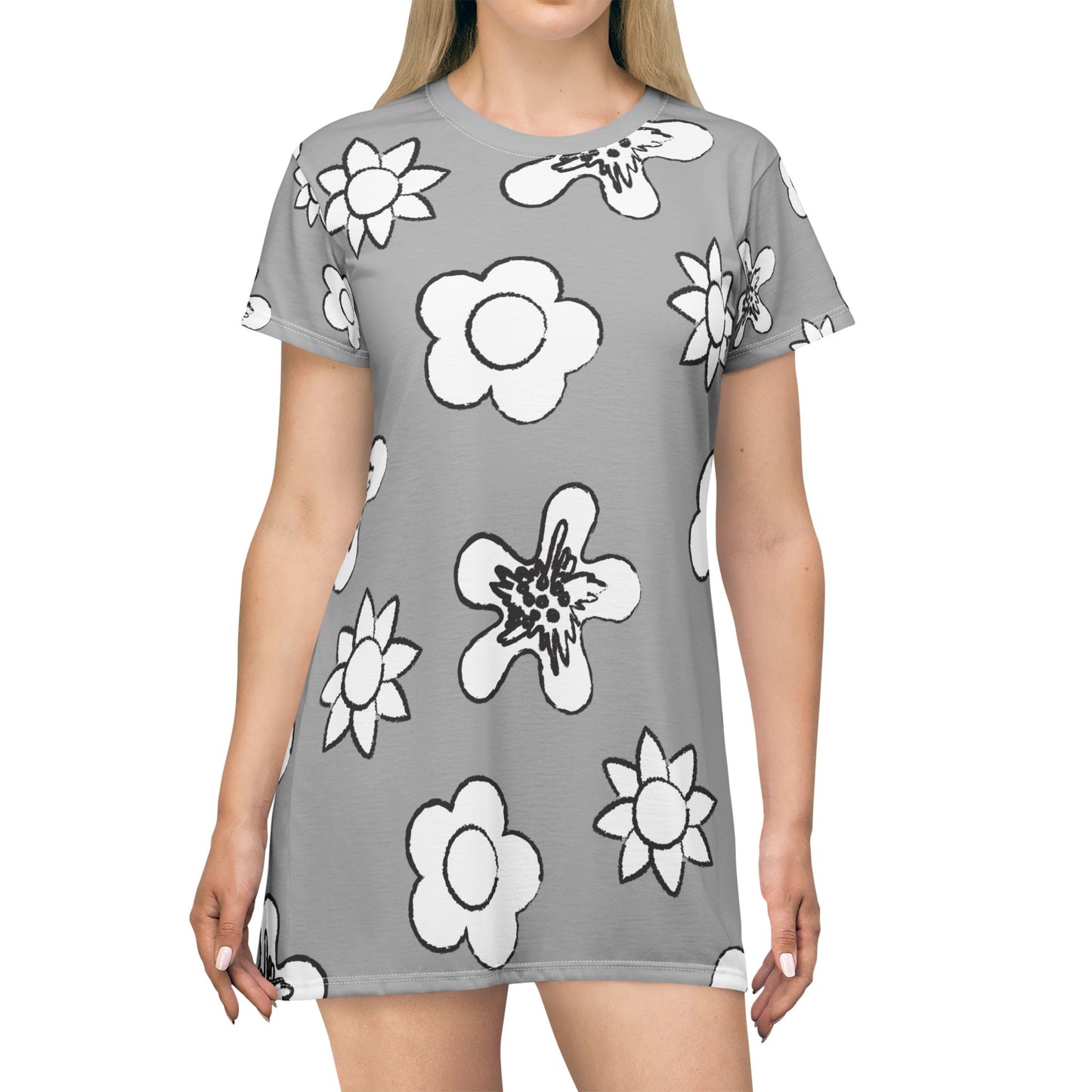 Graues Damen Kleid Floral T-Shirt Sommer Boho Casual Premium