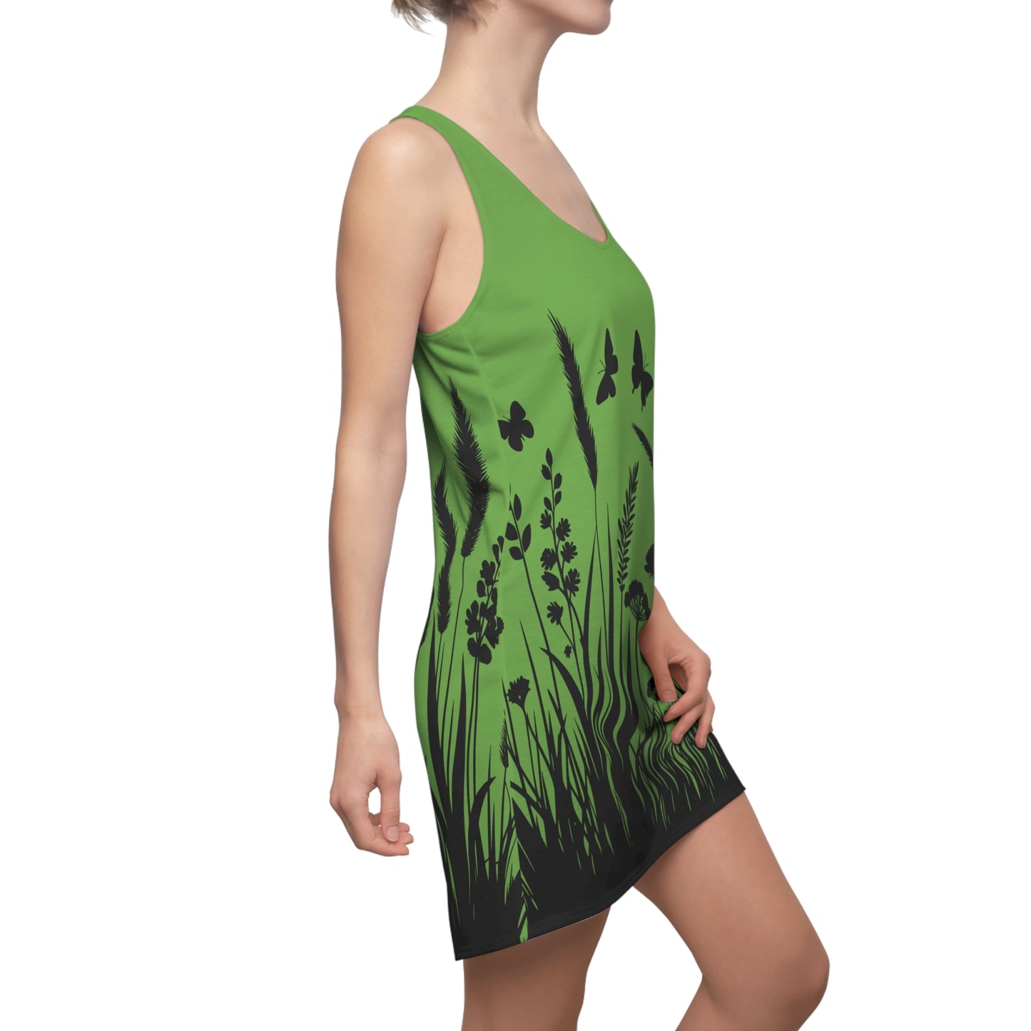 Grünes Naturmuster Racerback Kleid – Schmetterling & Blumen Design