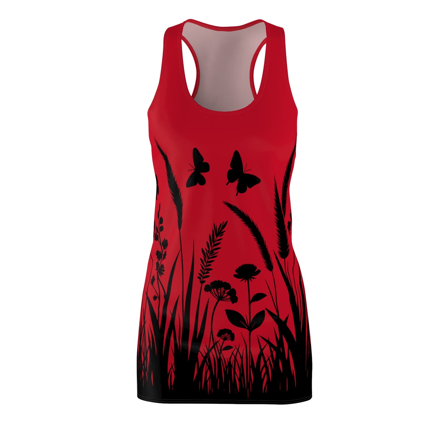 Dunkelrotes Naturmuster Racerback Kleid – Schmetterling & Blumen Design