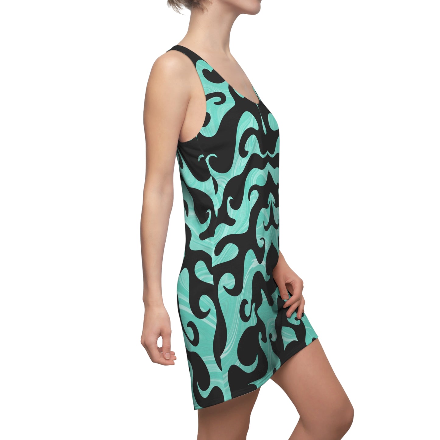 Racerback Kleid mit türkisem Marmormuster und schwarzem Ornamentdesign