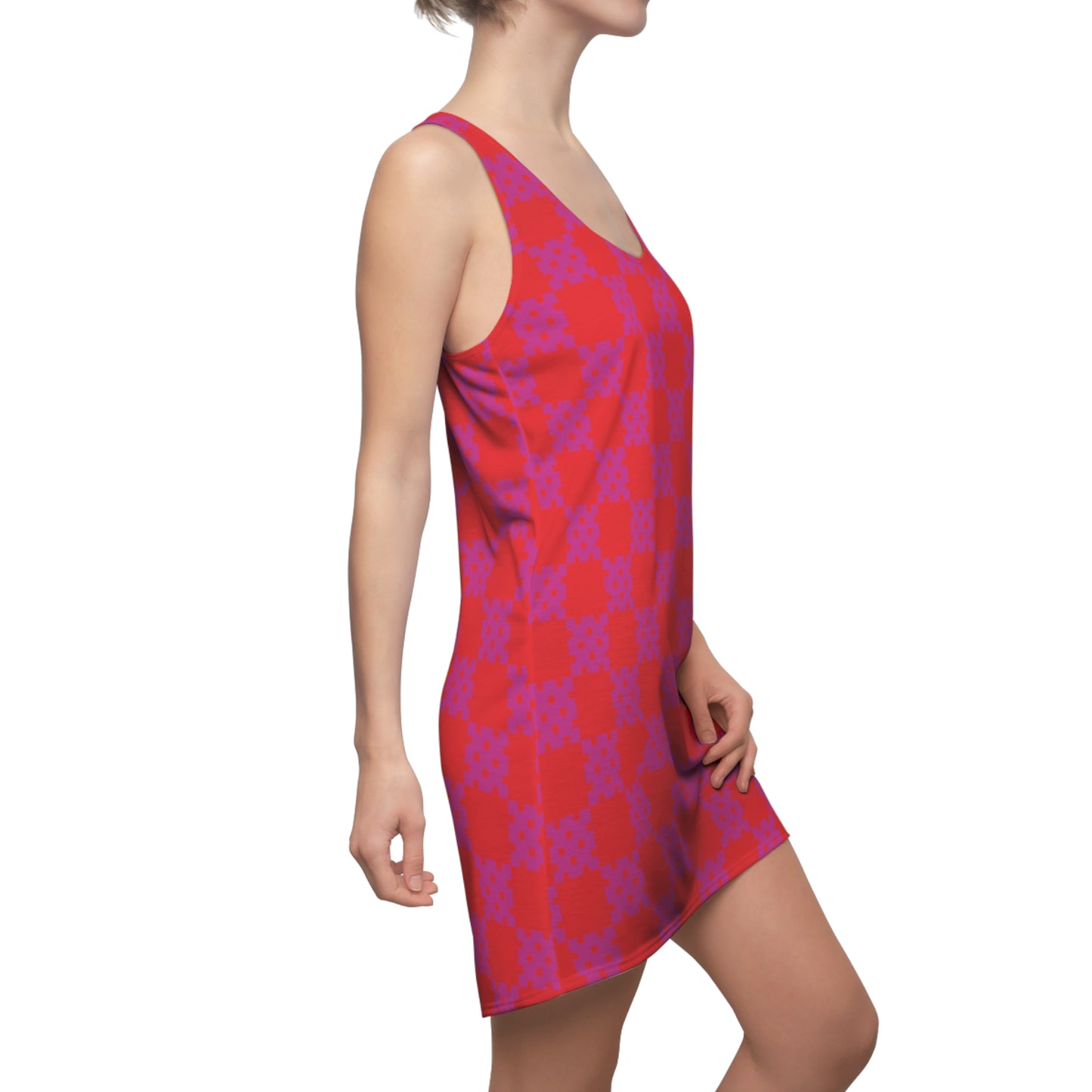 Rot-Pinkes Racerback Kleid mit geometrischem Karomuster