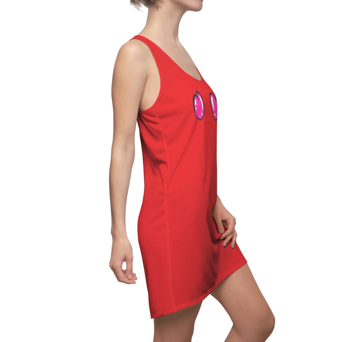 Rotes Racerback Kleid mit pinken Comic Herzen