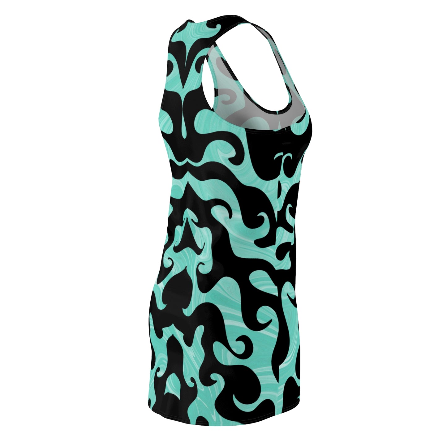 Racerback Kleid mit türkisem Marmormuster und schwarzem Ornamentdesign