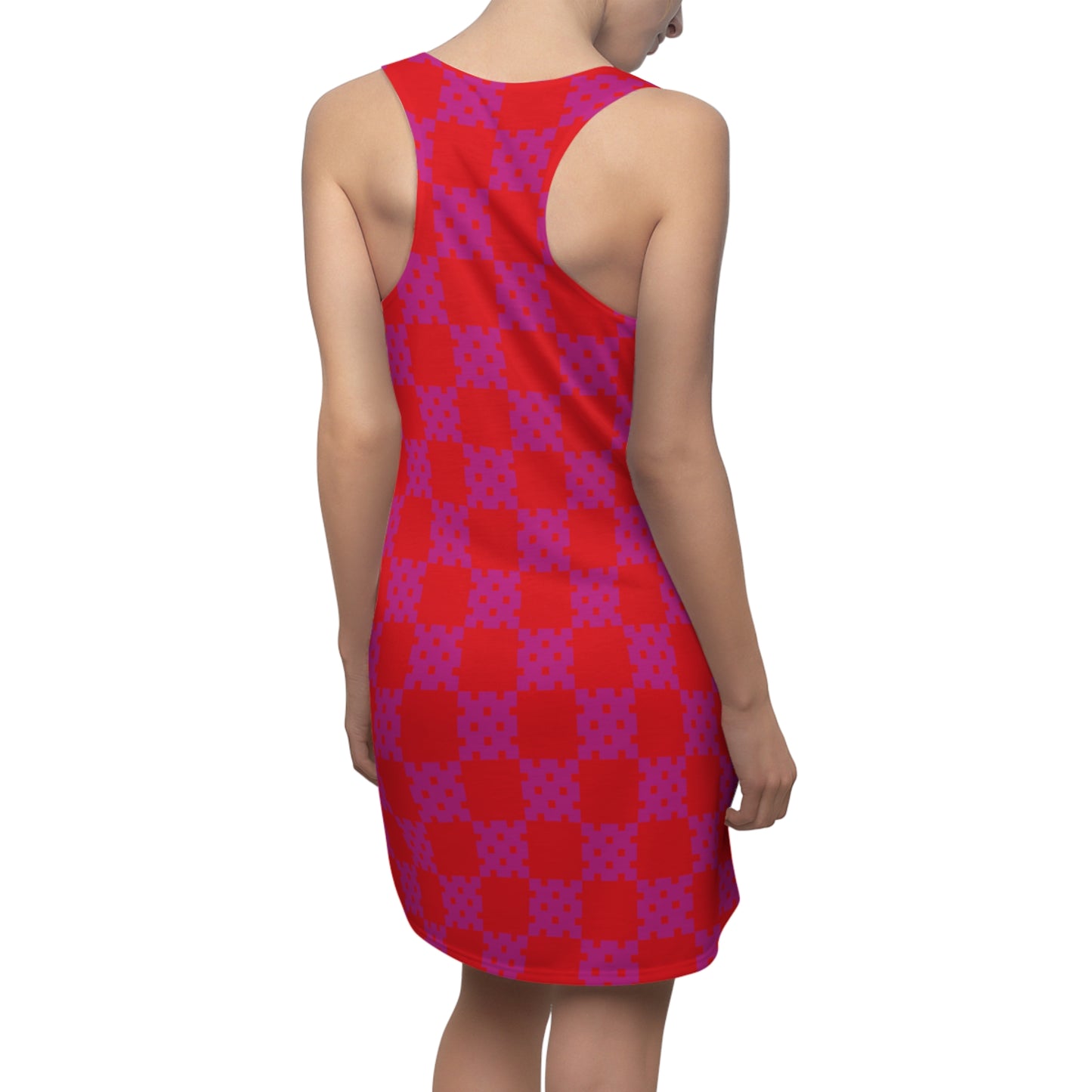 Rot-Pinkes Racerback Kleid mit geometrischem Karomuster