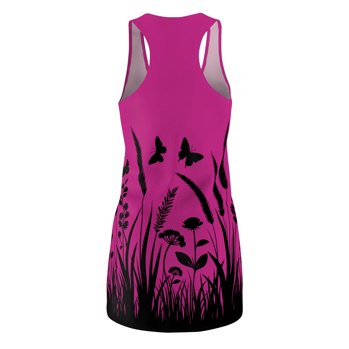 Pinkes Naturmuster Racerback Kleid – Schmetterling & Blumen Design