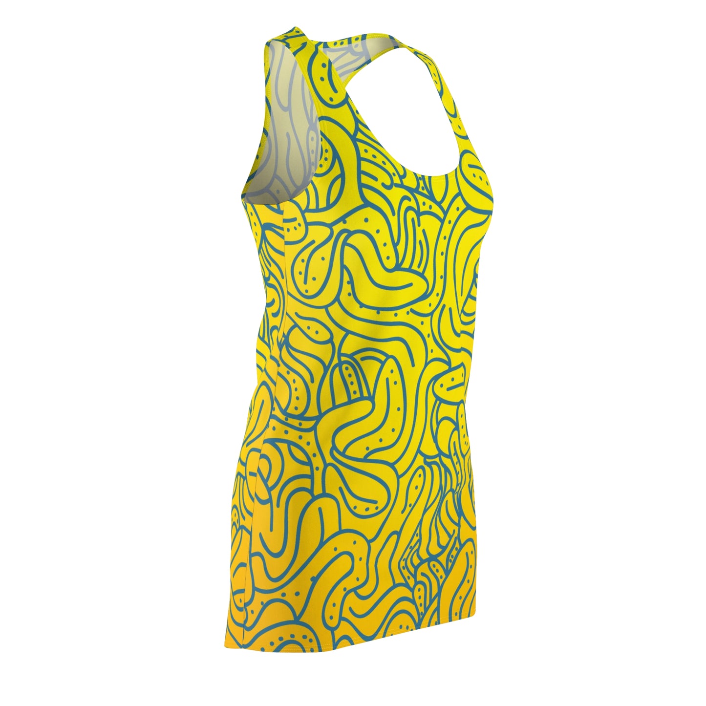 Vibrant Yellow Abstract Print Racerback Dress | Summer Beach Dress | Women’s Sleeveless Casual Dress | Trendy Party Outfit | Bold Graphic Fashion Dress