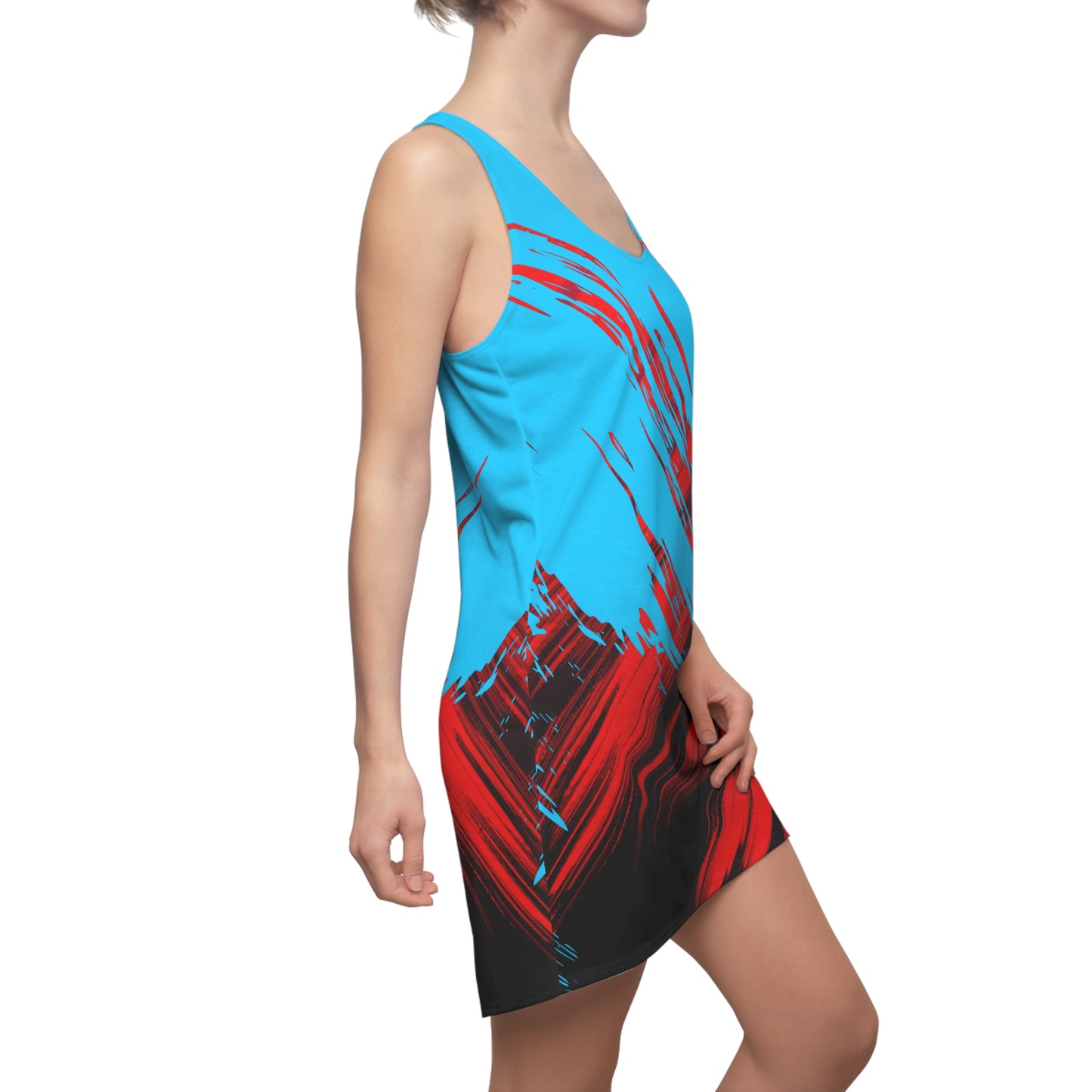 Türkises Racerback Kleid mit rotem Abstract Design