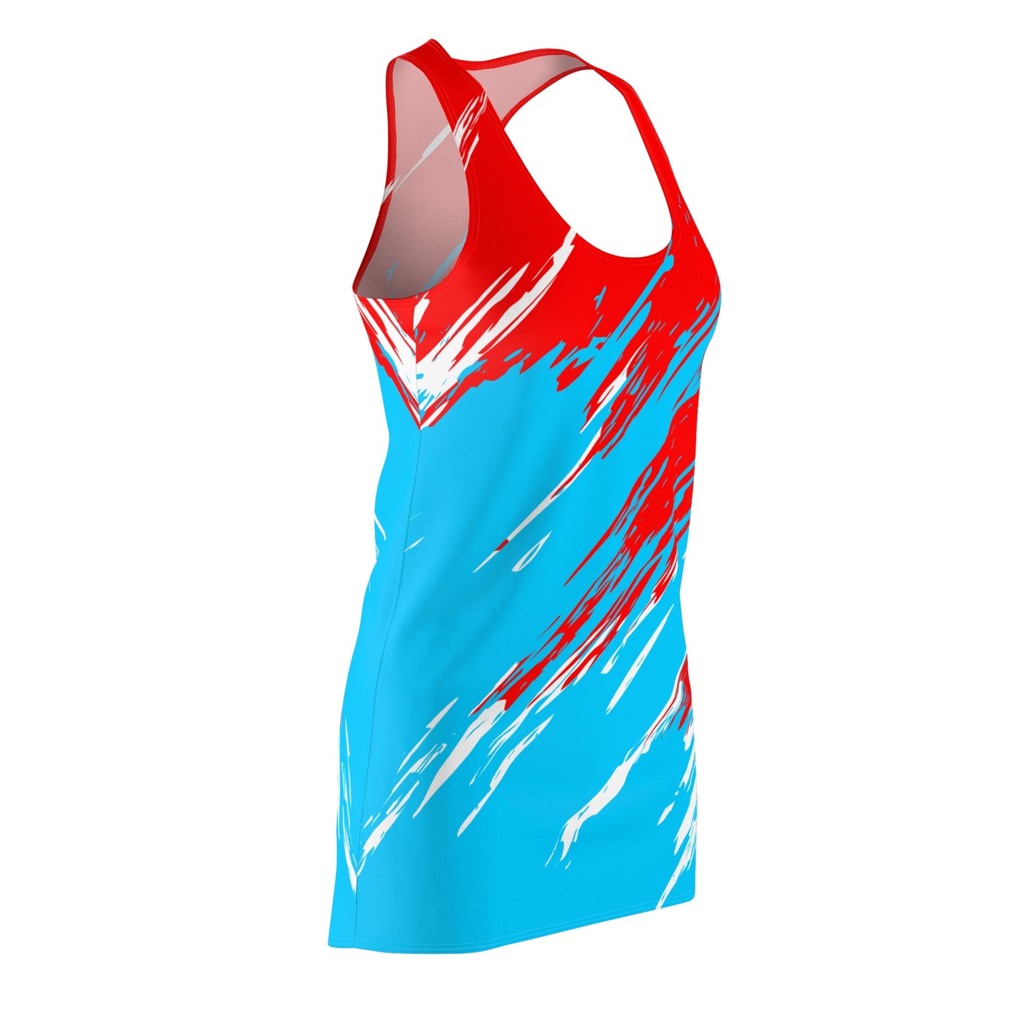 Türkises Racerback Kleid mit rot-weißem Abstract-Print
